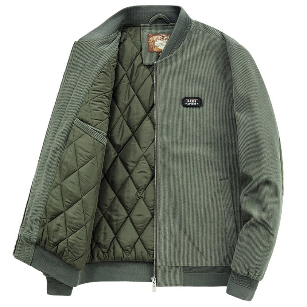 Men's winter jacket with round collar and elbow patches in black, gray, khaki, and green colors.