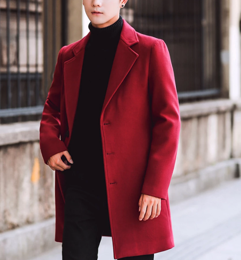 Men's Slim Fit Mid Length Overcoat in Cranberry Red, showcasing its stylish design and quality material.