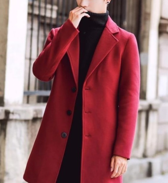 Men's Slim Fit Mid Length Overcoat in Cranberry Red, showcasing its stylish design and quality material.