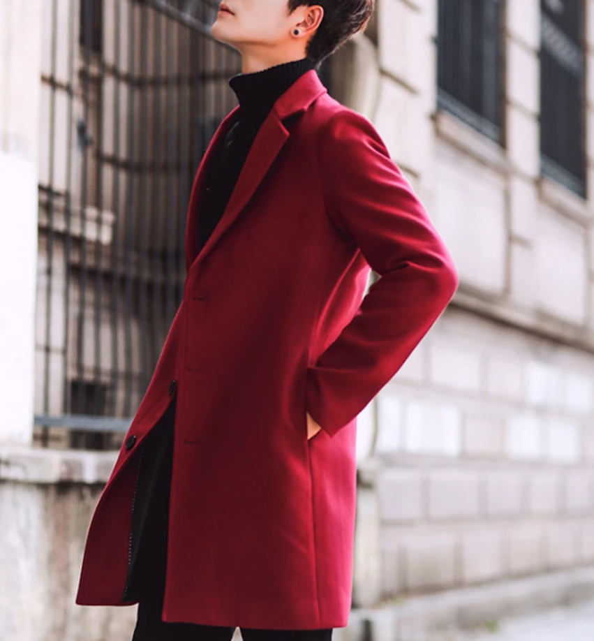 Men's Slim Fit Mid Length Overcoat in Cranberry Red, showcasing its stylish design and quality material.