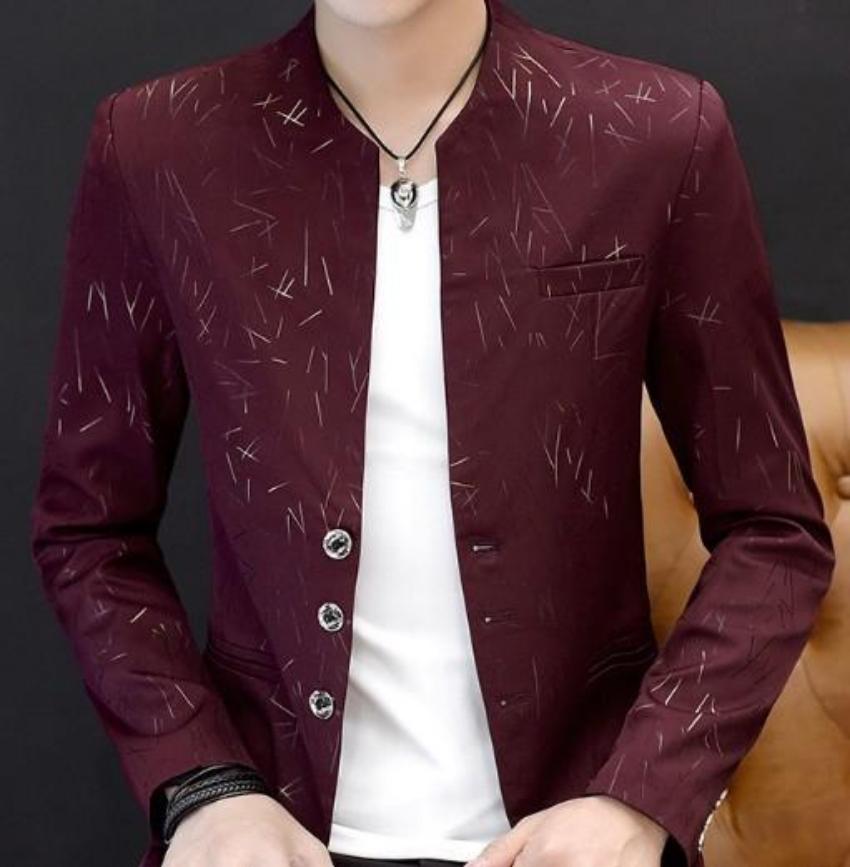 Mens Slim Round Stand Collar Blazer in various colors, showcasing its stylish design and slim fit.