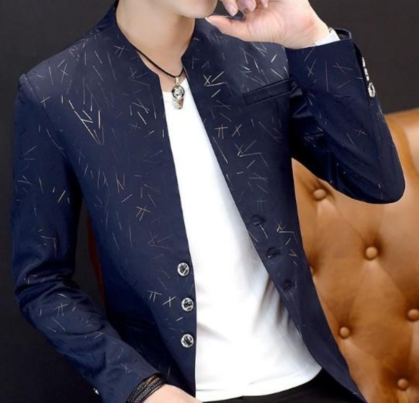 Mens Slim Round Stand Collar Blazer in various colors, showcasing its stylish design and slim fit.