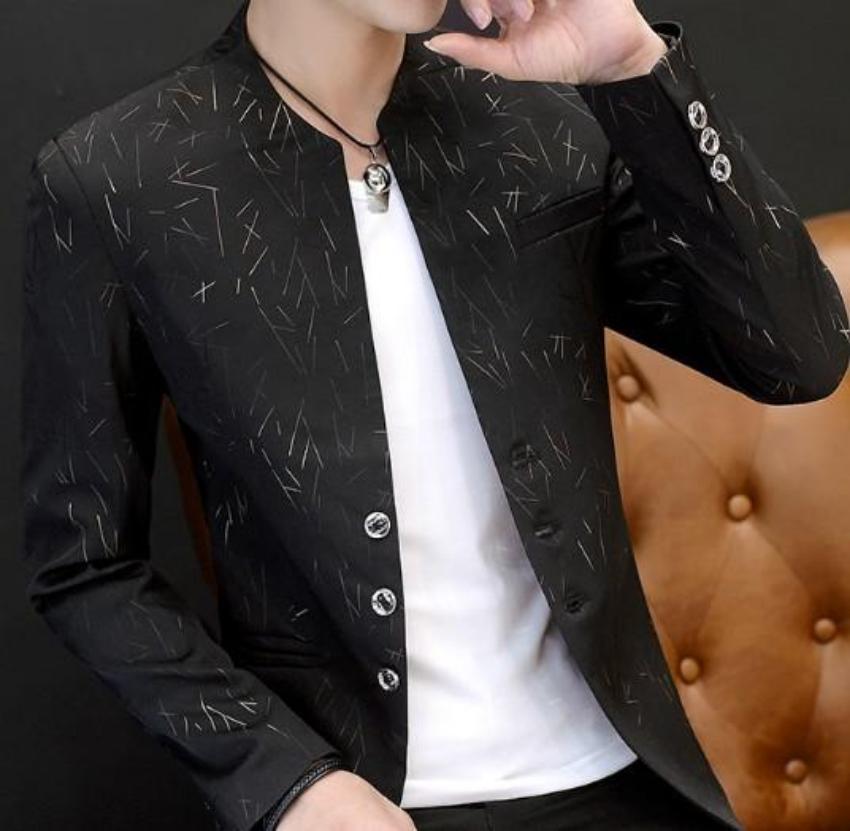 Mens Slim Round Stand Collar Blazer in various colors, showcasing its stylish design and slim fit.