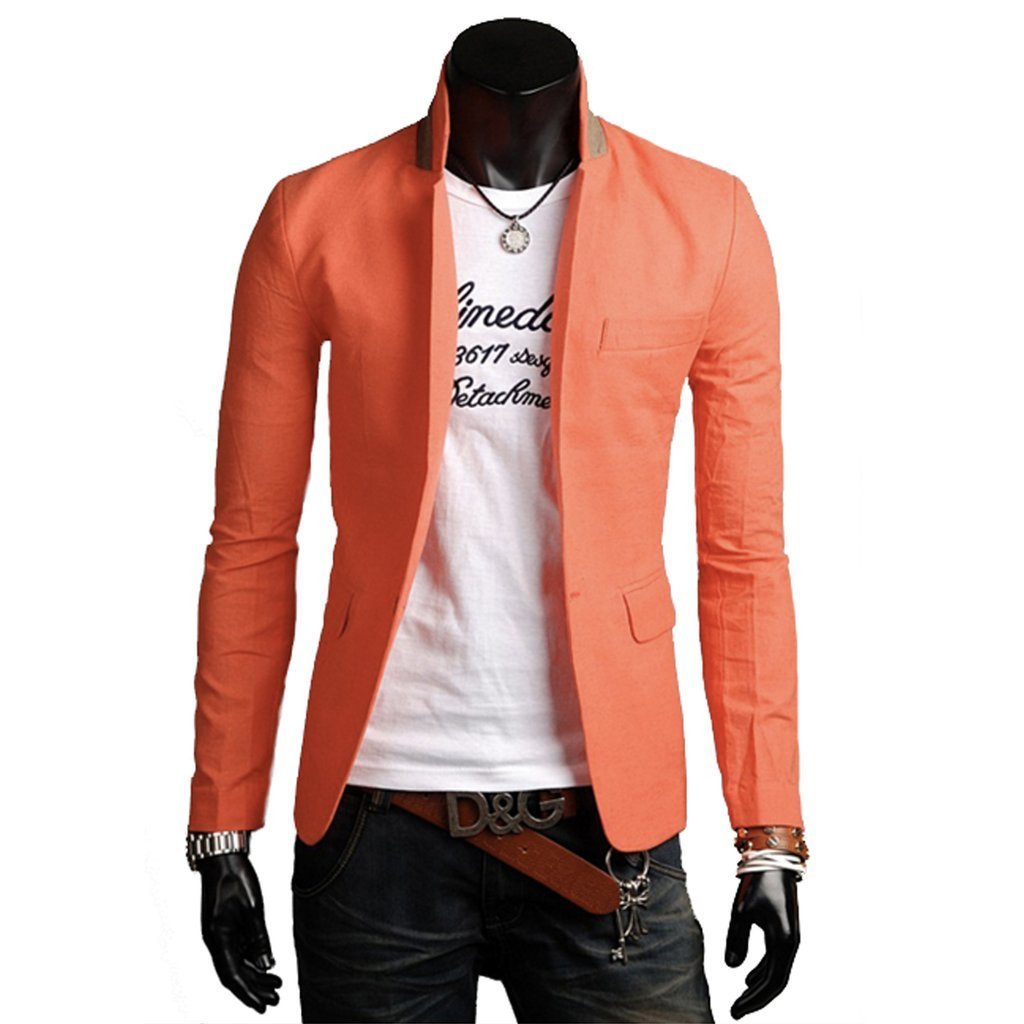 Mens Stand Collar Casual Blazer in black, white, and orange colors, showcasing a slim fit design with a single button closure and stylish stand collar.