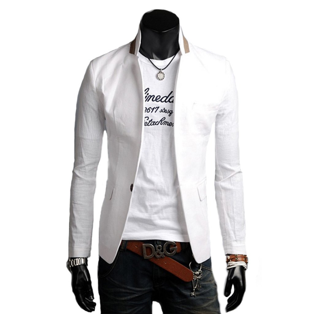 Mens Stand Collar Casual Blazer in black, white, and orange colors, showcasing a slim fit design with a single button closure and stylish stand collar.