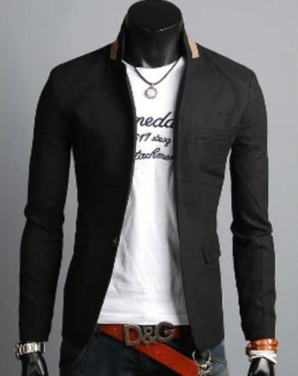 Mens Stand Collar Casual Blazer in black, white, and orange colors, showcasing a slim fit design with a single button closure and stylish stand collar.