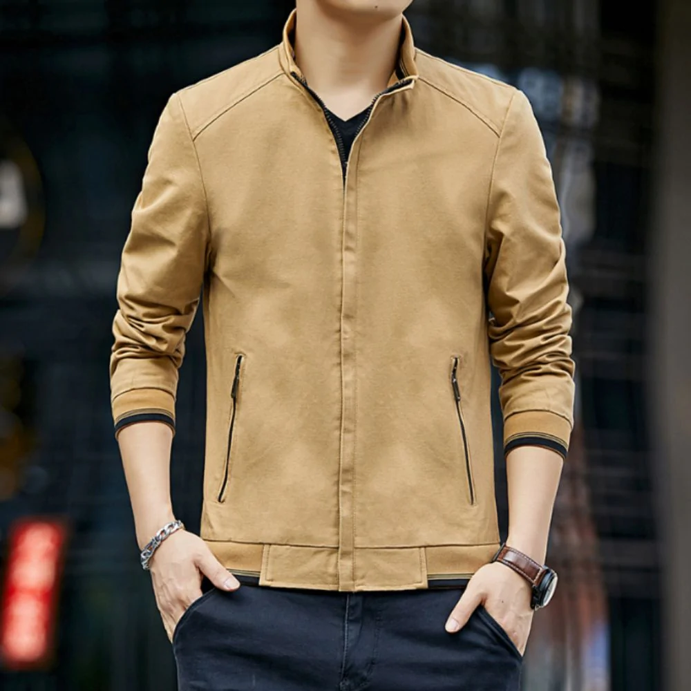 Mens Stand Collar Zipped Up Jacket in various colors with ribbed details.