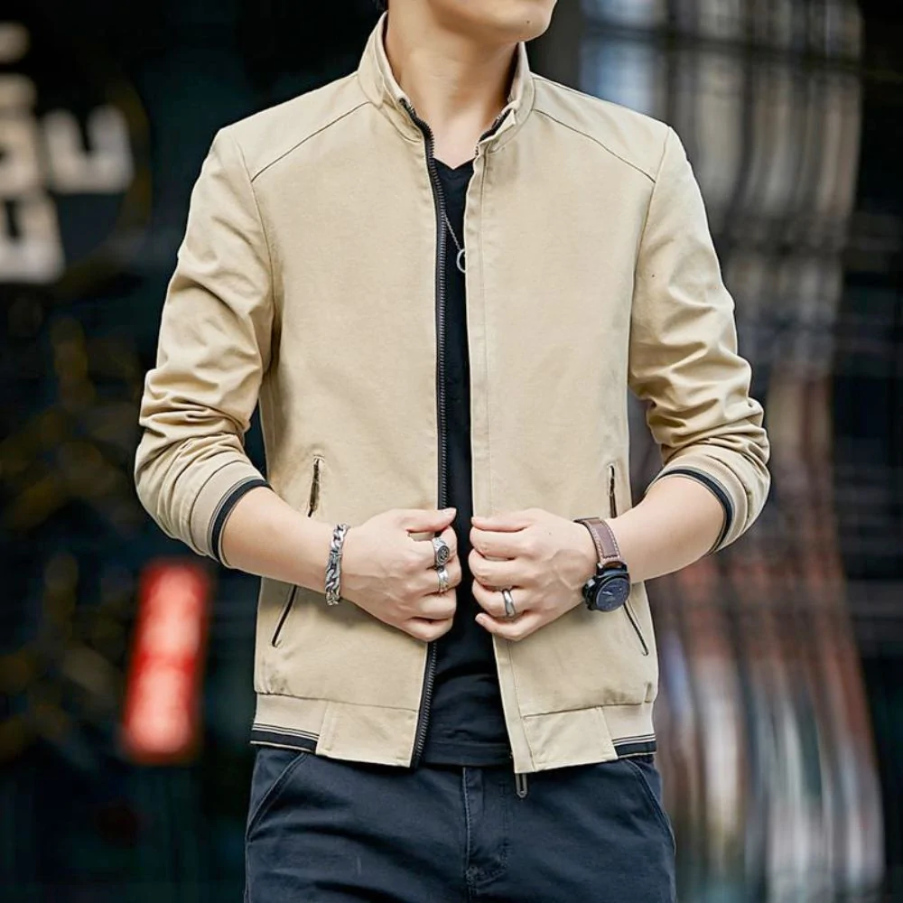 Mens Stand Collar Zipped Up Jacket in various colors with ribbed details.