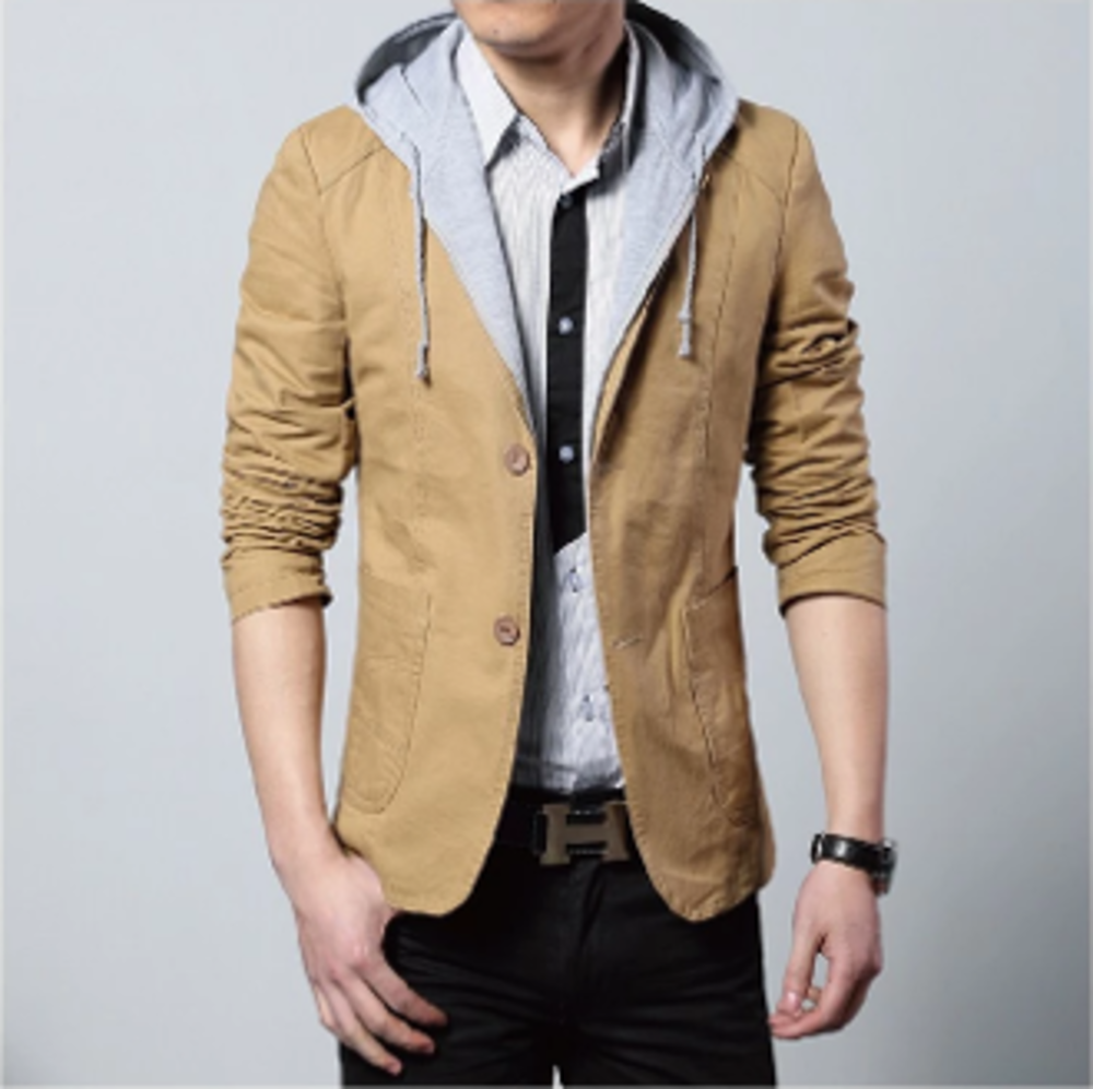 Mens Street Style Hooded Blazer in Navy and Khaki, showcasing removable hood and stylish design.