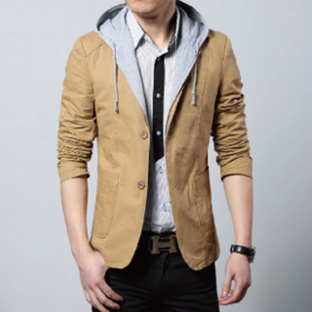 Mens Street Style Hooded Blazer in Navy and Khaki, showcasing removable hood and stylish design.