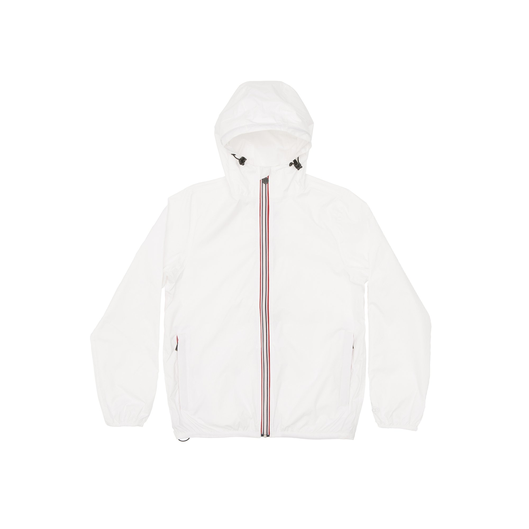 Men's white full zip packable rain jacket displayed on a mannequin, showcasing its sleek design and packable feature.