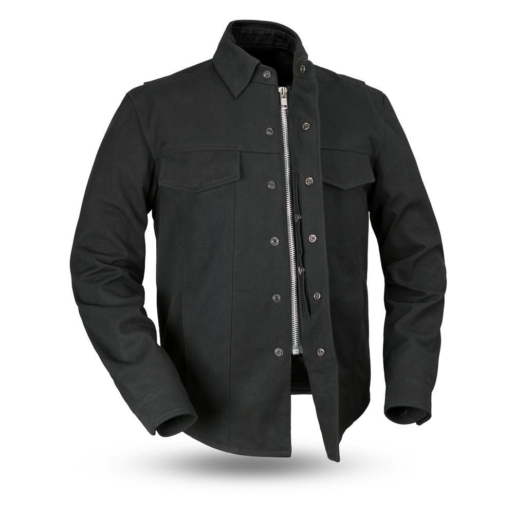 Mercer Men's Canvas Motorcycle Shirt featuring a snap-down collar, multiple pockets, and a durable design suitable for riding.