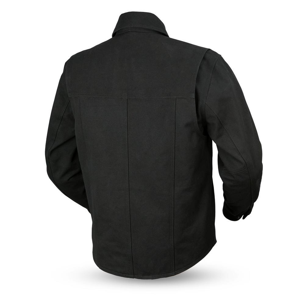 Mercer Men's Canvas Motorcycle Shirt featuring a snap-down collar, multiple pockets, and a durable design suitable for riding.