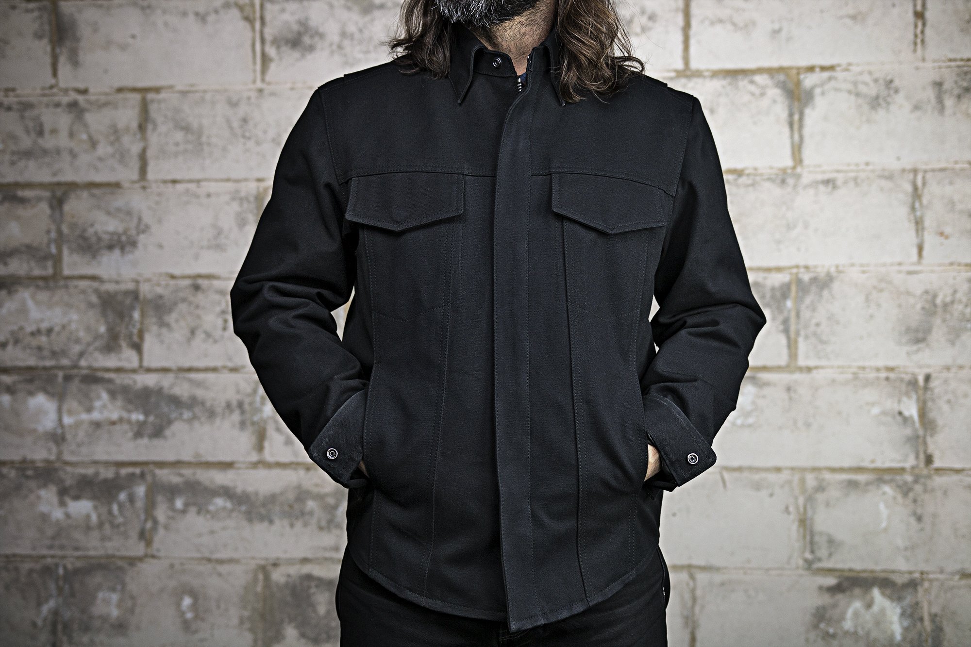 Mercer Men's Canvas Motorcycle Shirt featuring a snap-down collar, multiple pockets, and a durable design suitable for riding.