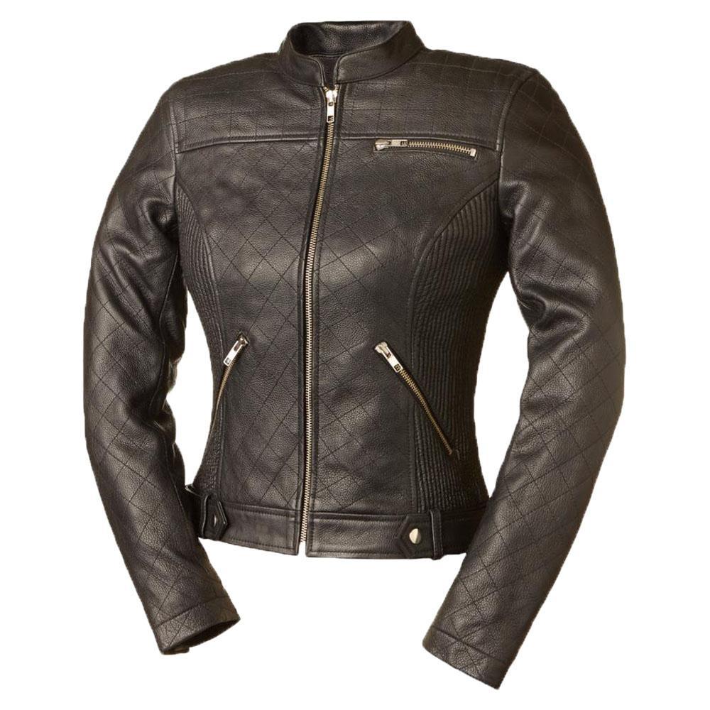 Merlin Diamond Women's Motorcycle Leather Jacket made from genuine cowhide leather, featuring stylish diamond patterns and multiple zipper pockets.