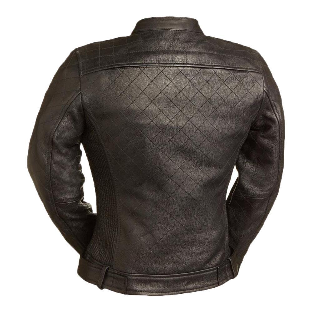 Merlin Diamond Women's Motorcycle Leather Jacket made from genuine cowhide leather, featuring stylish diamond patterns and multiple zipper pockets.