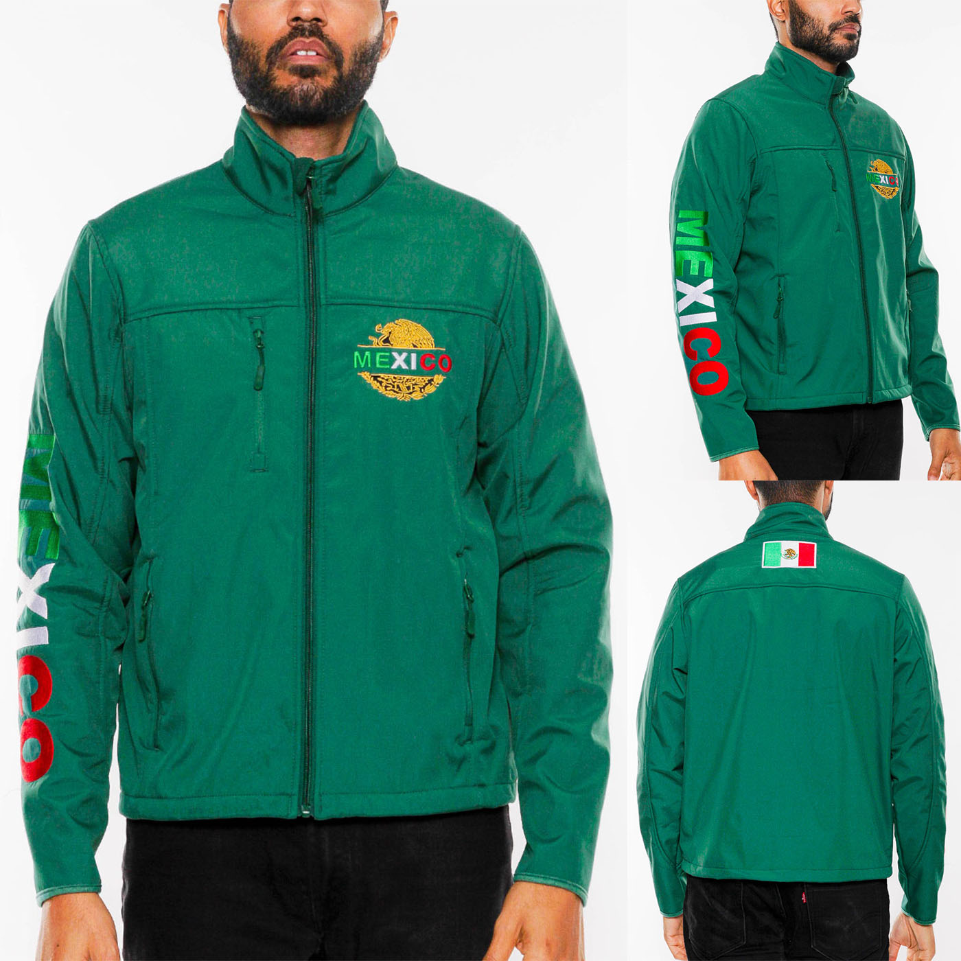 Mexico Embroidered Soft Shell Jacket featuring American flag graphic, chest logo, and fleece interior, perfect for stylish warmth.