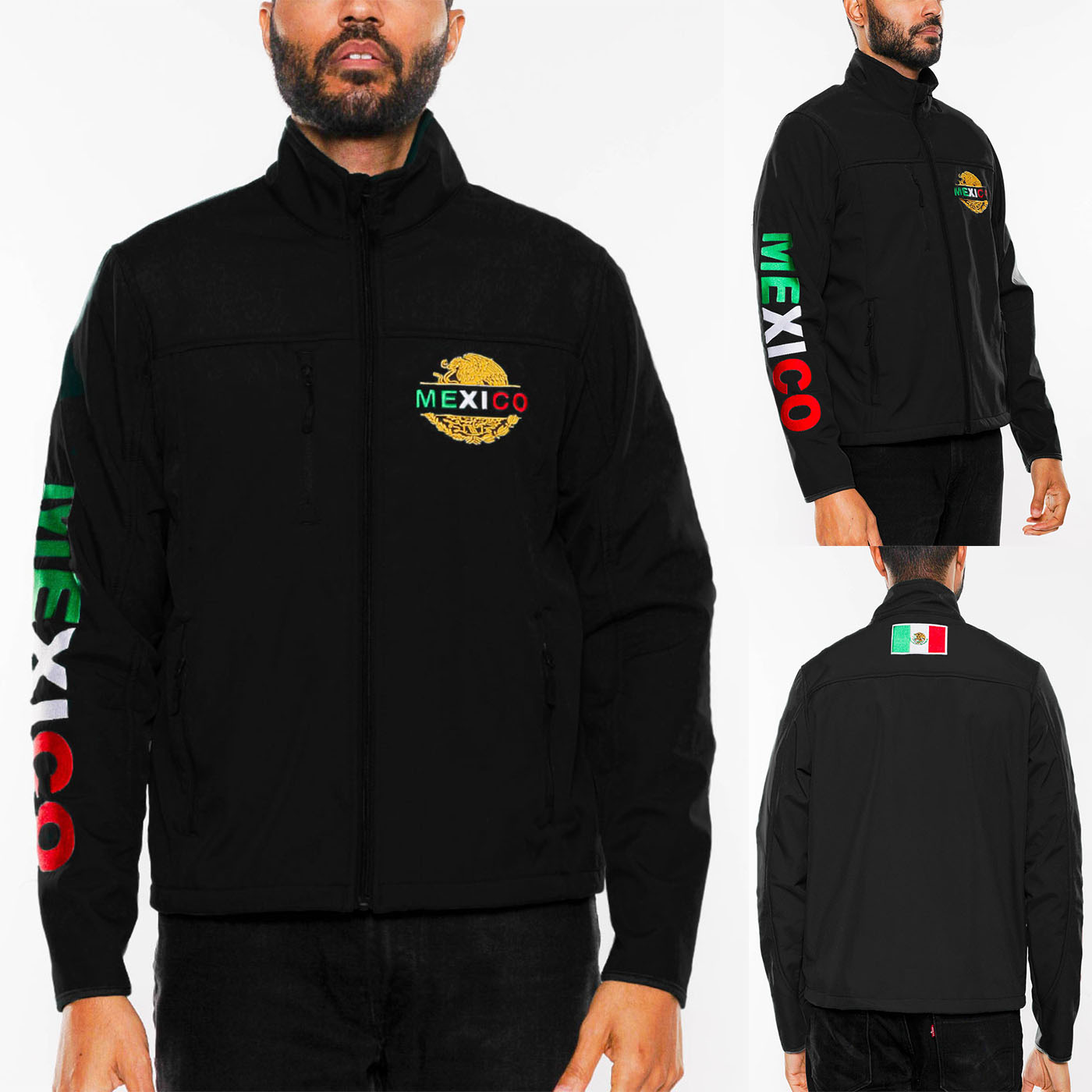 Mexico Embroidered Soft Shell Jacket featuring American flag graphic, chest logo, and Mexico text logo on sleeve, designed for comfort and style.