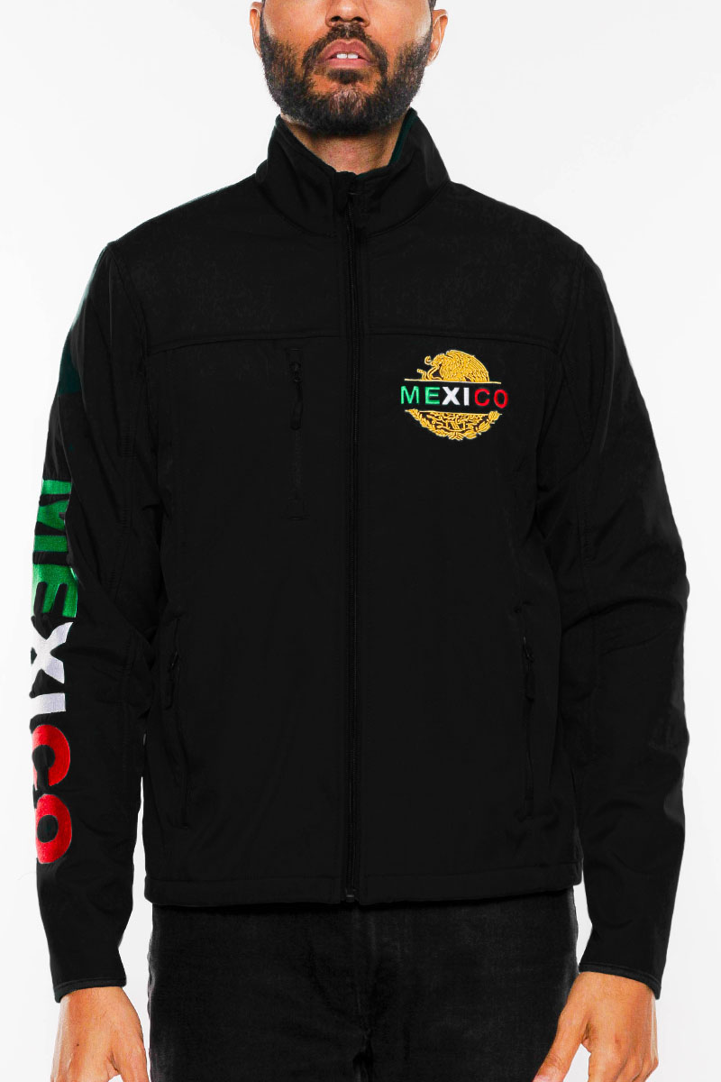 Mexico Embroidered Soft Shell Jacket featuring American flag graphic, chest logo, and Mexico text logo on sleeve, designed for comfort and style.