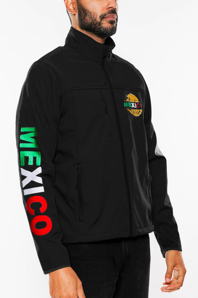 Mexico Embroidered Soft Shell Jacket featuring American flag graphic, chest logo, and Mexico text logo on sleeve, designed for comfort and style.