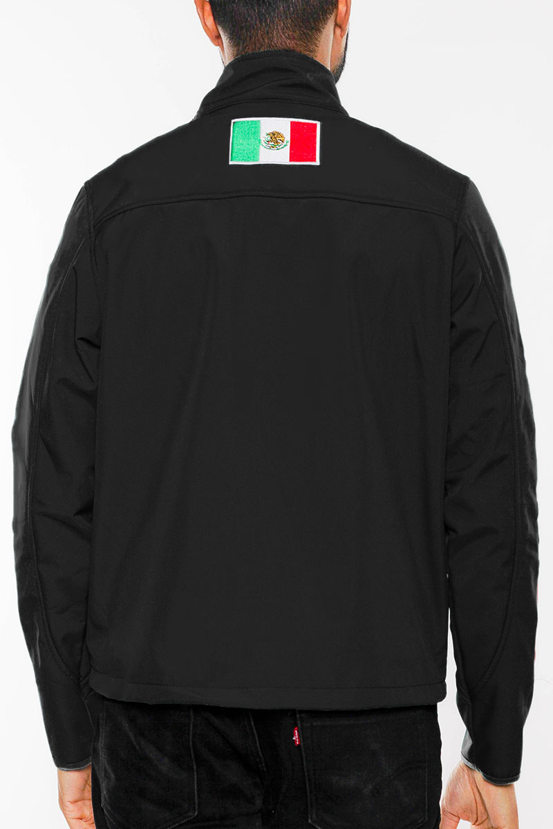 Mexico Embroidered Soft Shell Jacket featuring American flag graphic, chest logo, and Mexico text logo on sleeve, designed for comfort and style.