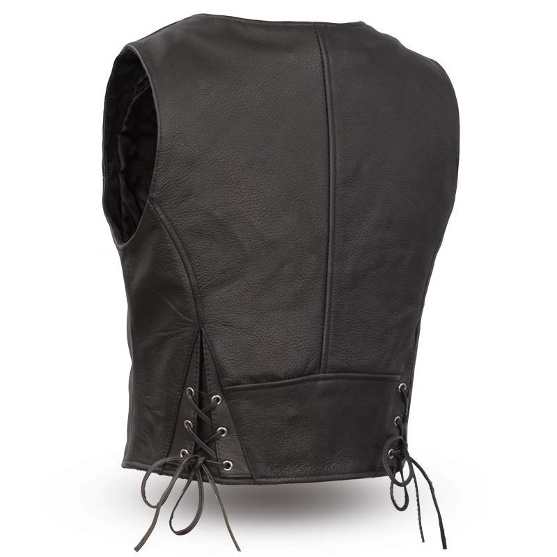 Montana Women's Motorcycle Leather Vest in soft milled cow leather with adjustable lace detail and zip pockets.