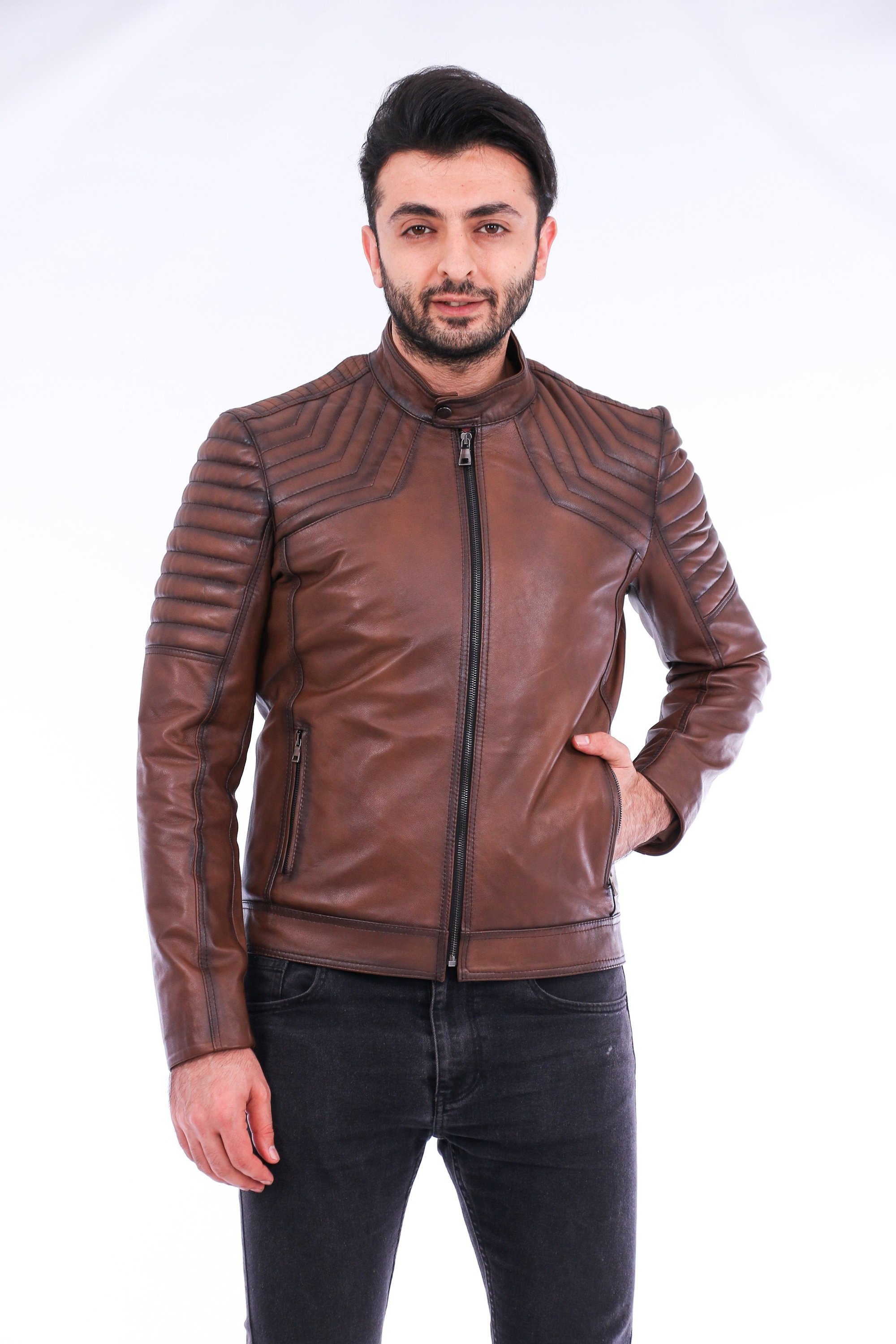 Morelli Leather Biker Jacket in brown lambskin with shiny finish and zip details, showcasing its stylish design and premium quality.