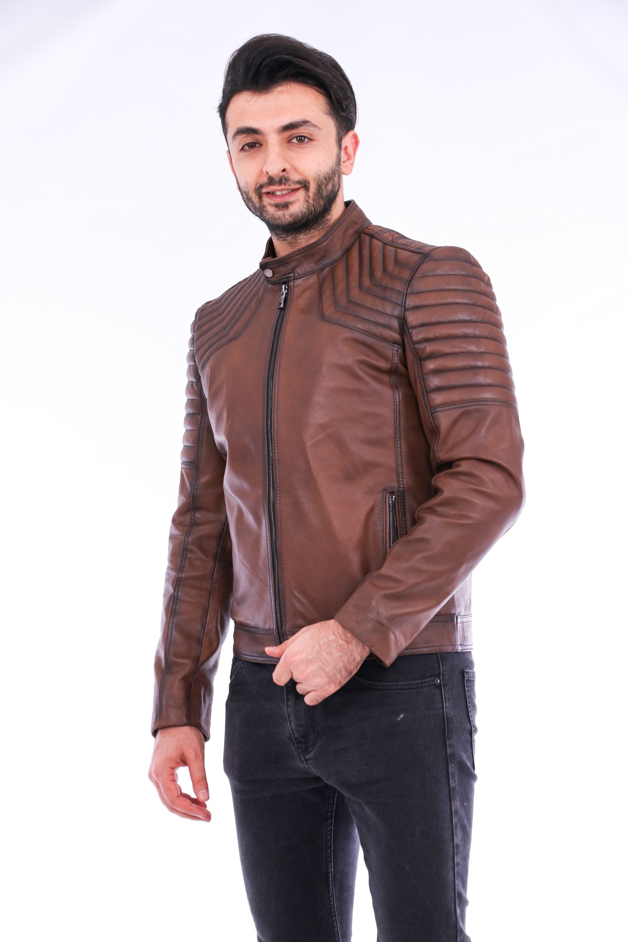 Morelli Leather Biker Jacket in brown lambskin with shiny finish and zip details, showcasing its stylish design and premium quality.