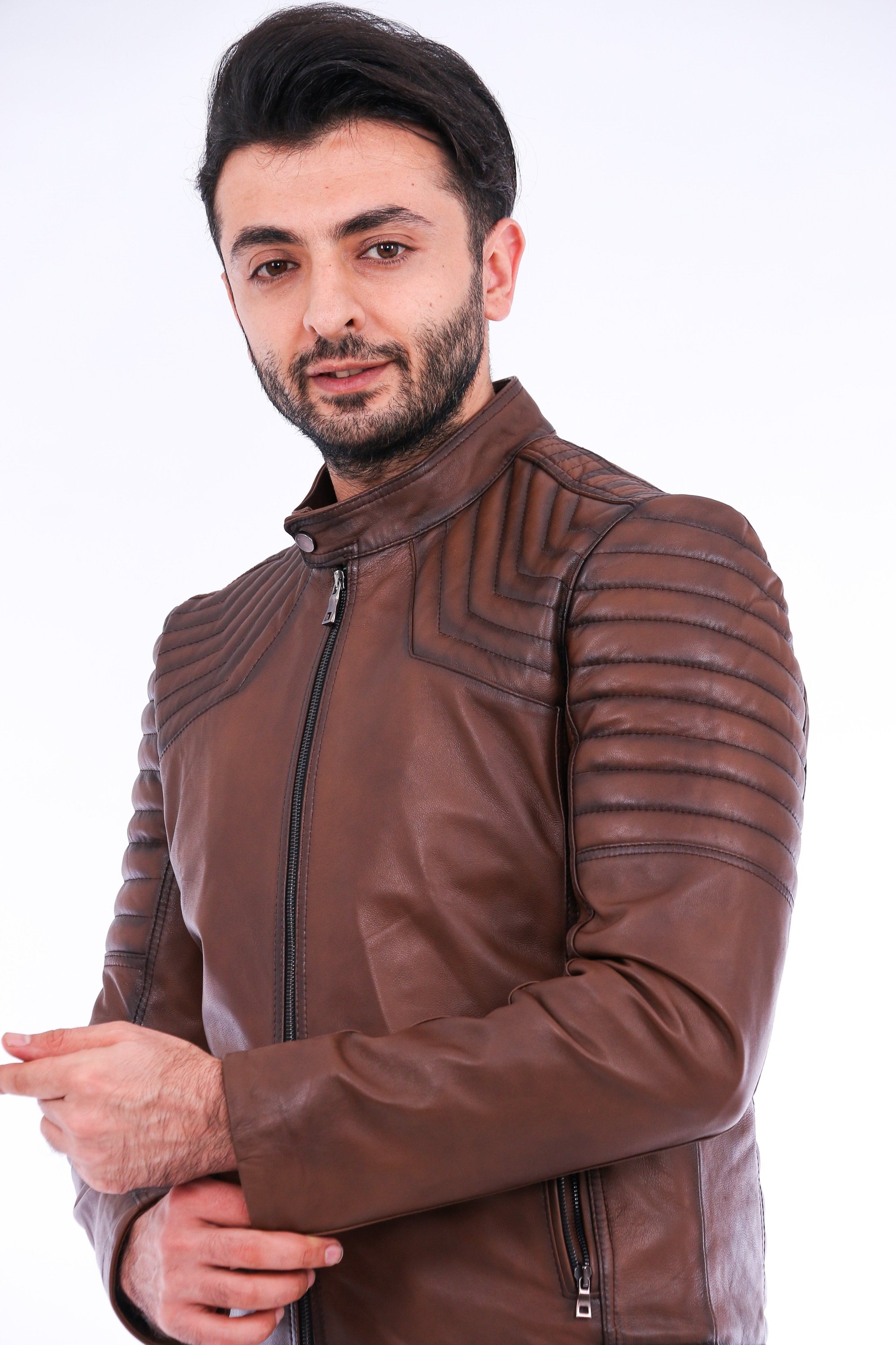 Morelli Leather Biker Jacket in brown lambskin with shiny finish and zip details, showcasing its stylish design and premium quality.