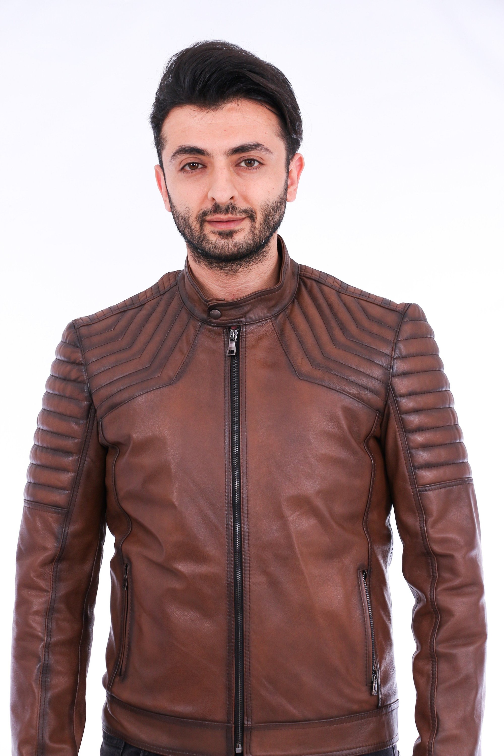 Morelli Leather Biker Jacket in brown lambskin with shiny finish and zip details, showcasing its stylish design and premium quality.