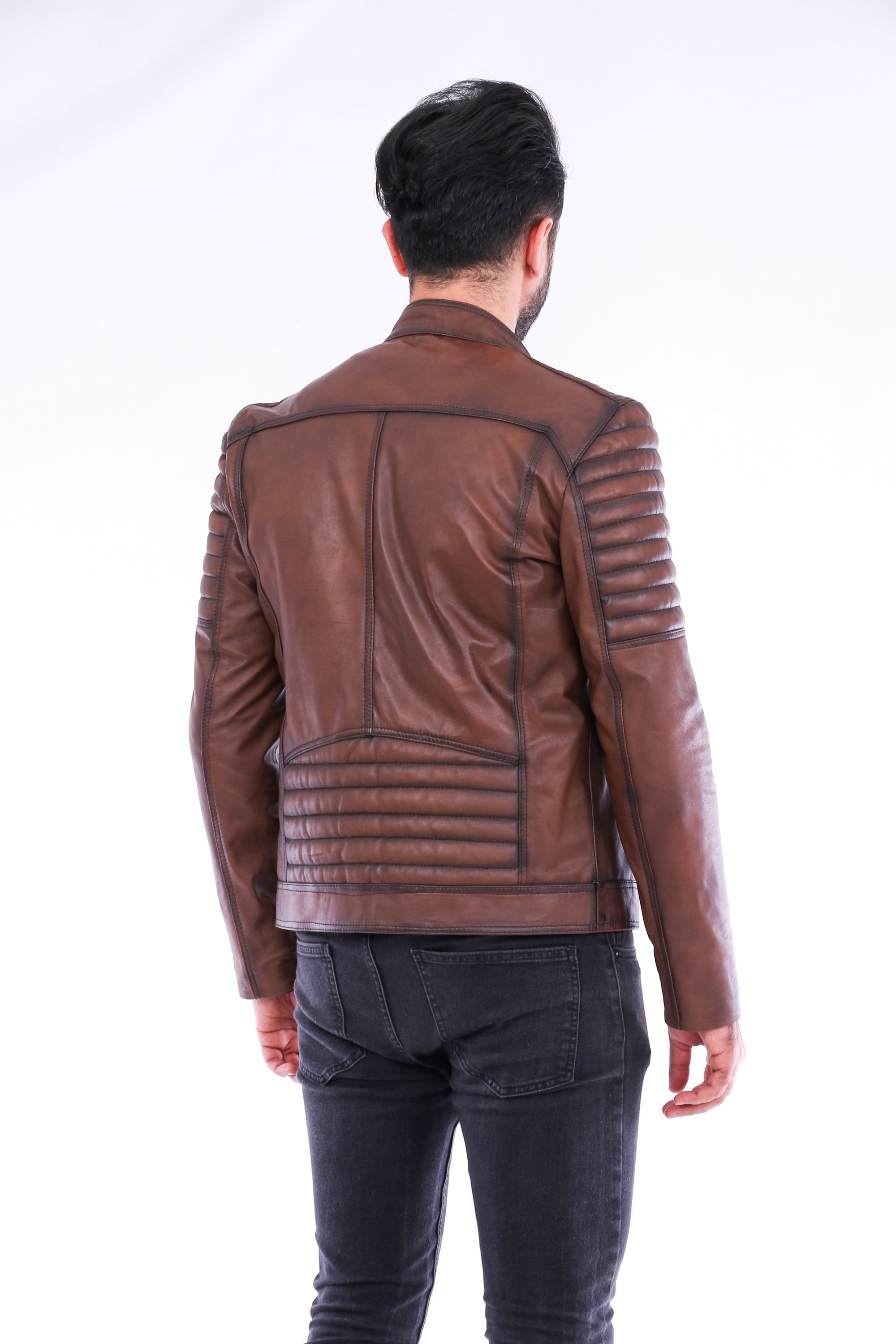 Morelli Leather Biker Jacket in brown lambskin with shiny finish and zip details, showcasing its stylish design and premium quality.