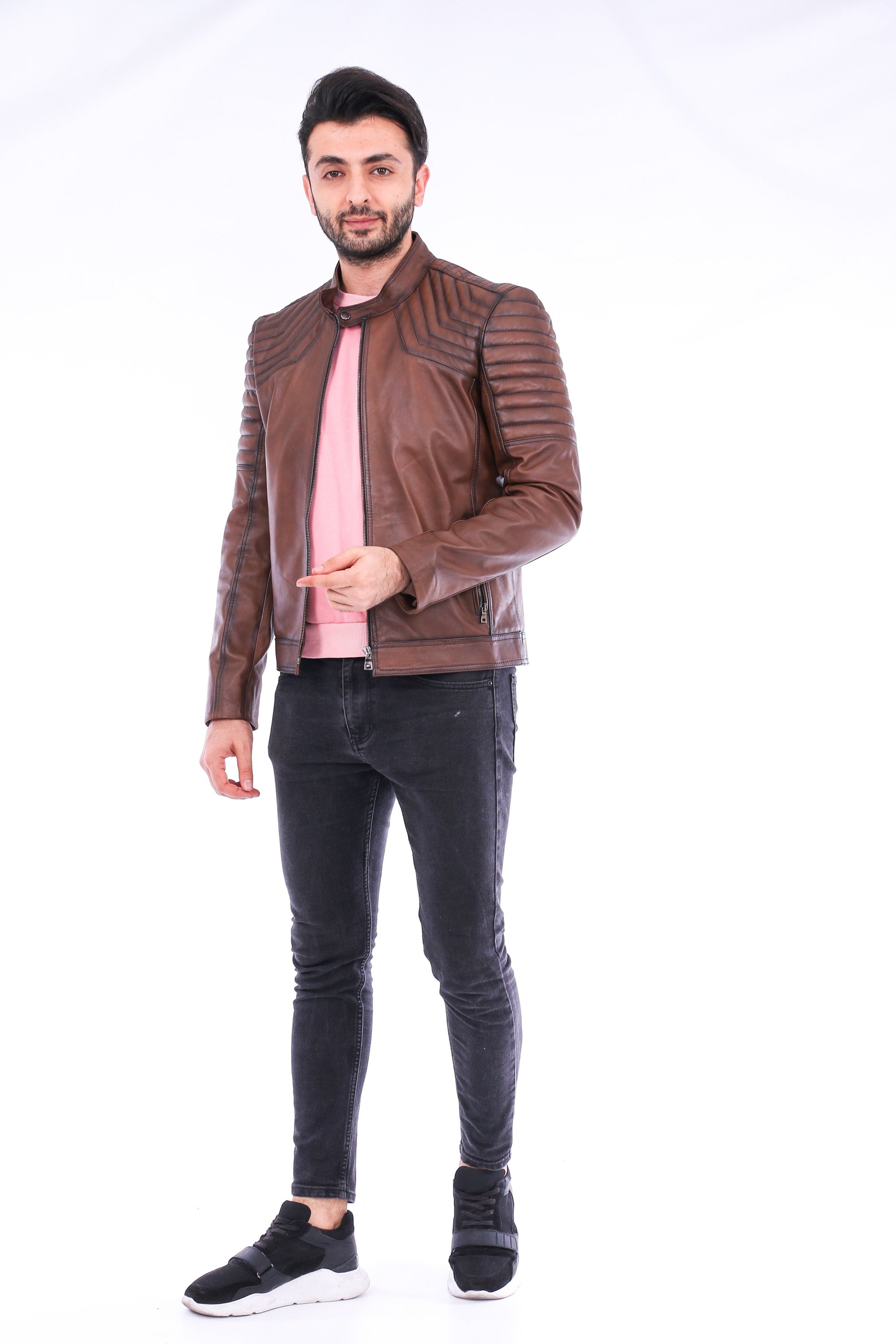 Morelli Leather Biker Jacket in brown lambskin with shiny finish and zip details, showcasing its stylish design and premium quality.