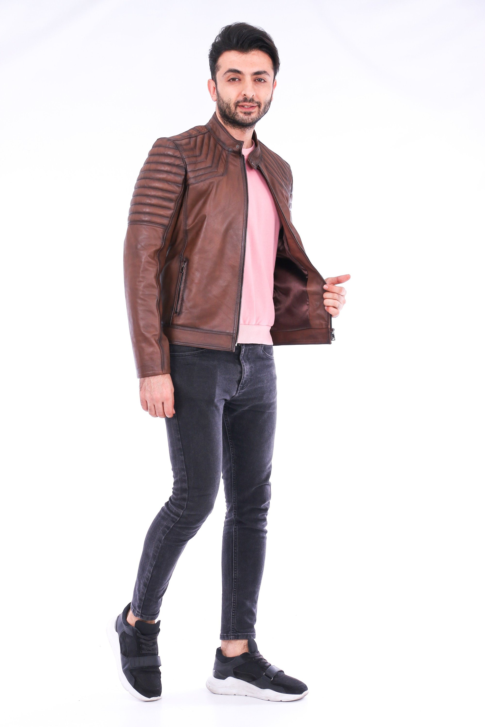 Morelli Leather Biker Jacket in brown lambskin with shiny finish and zip details, showcasing its stylish design and premium quality.