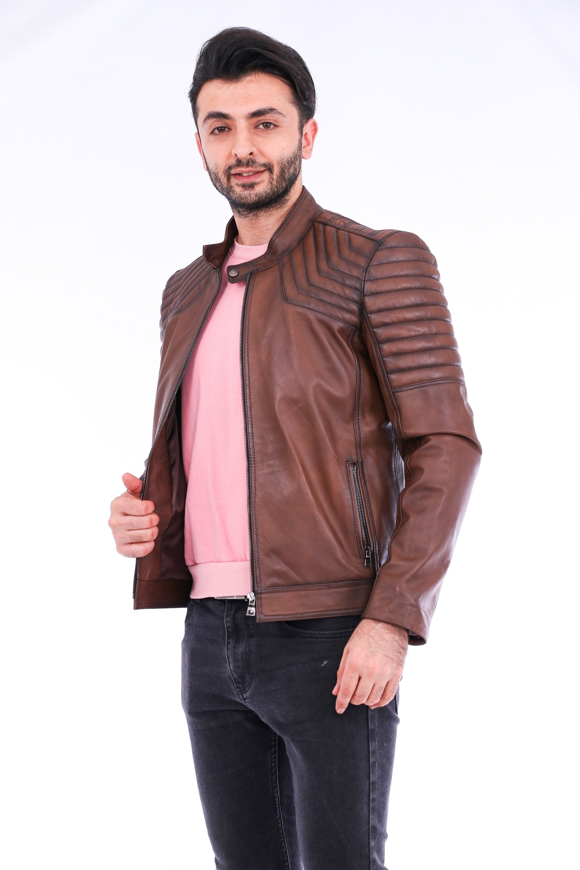 Morelli Leather Biker Jacket in brown lambskin with shiny finish and zip details, showcasing its stylish design and premium quality.