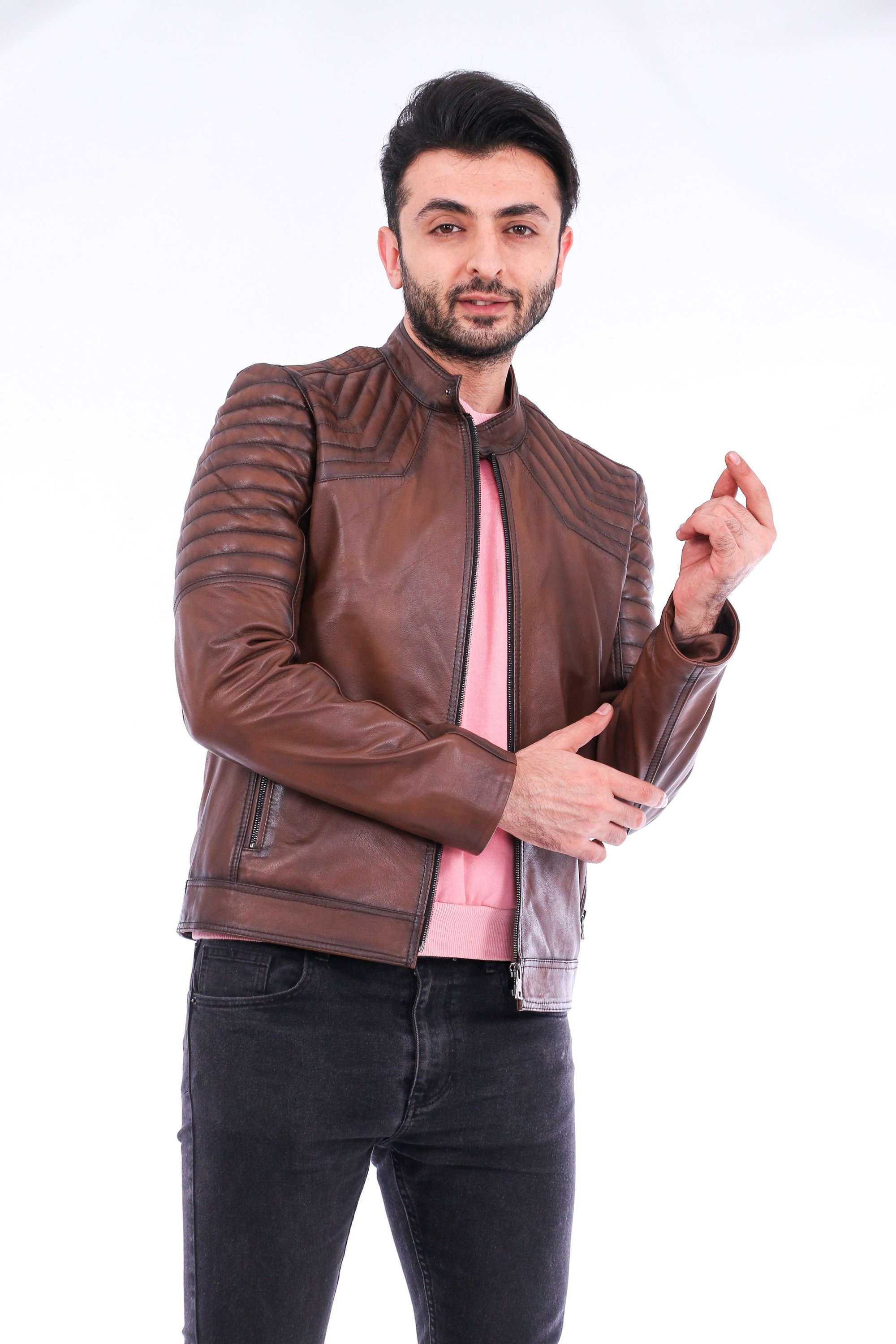 Morelli Leather Biker Jacket in brown lambskin with shiny finish and zip details, showcasing its stylish design and premium quality.