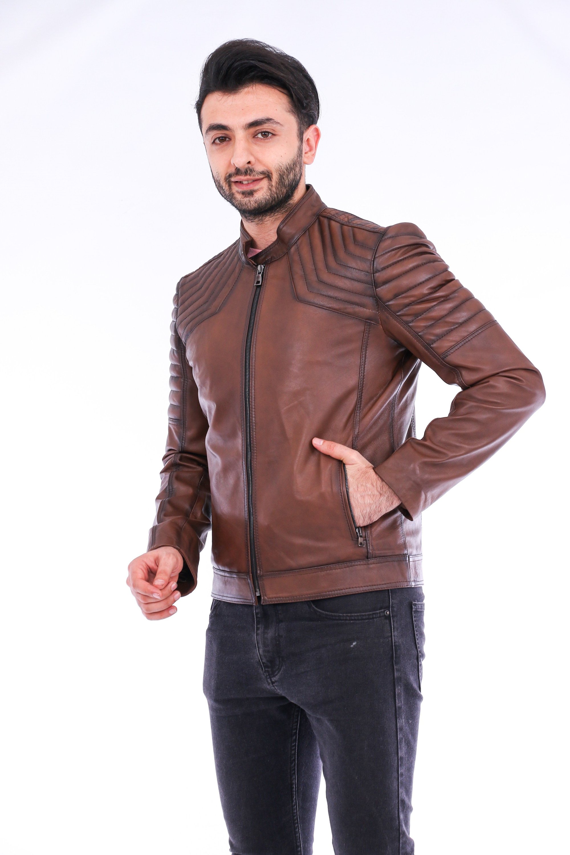 Morelli Leather Biker Jacket in brown lambskin with shiny finish and zip details, showcasing its stylish design and premium quality.