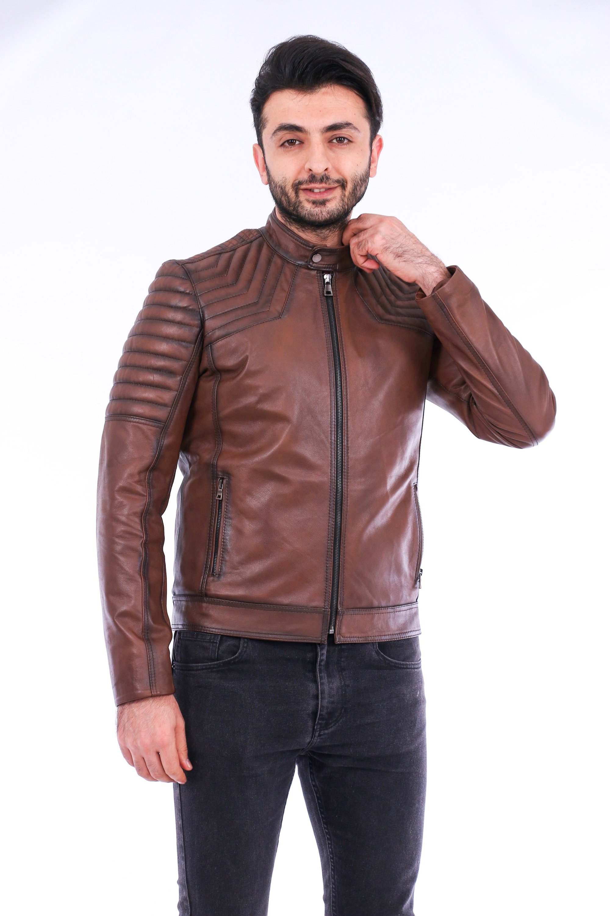 Morelli Leather Biker Jacket in brown lambskin with shiny finish and zip details, showcasing its stylish design and premium quality.