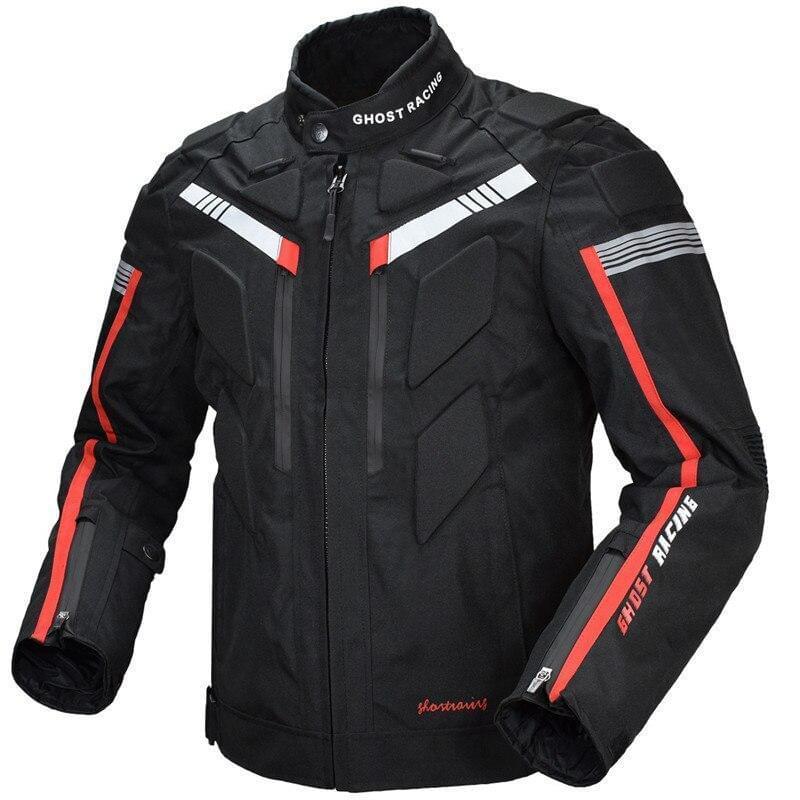 Men's motorcycle jersey jacket in black and white, waterproof and windproof, designed for full body protection during rides.