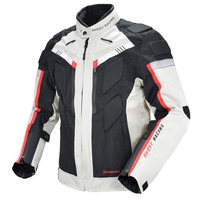 Men's motorcycle jersey jacket in black and white, waterproof and windproof, designed for full body protection during rides.