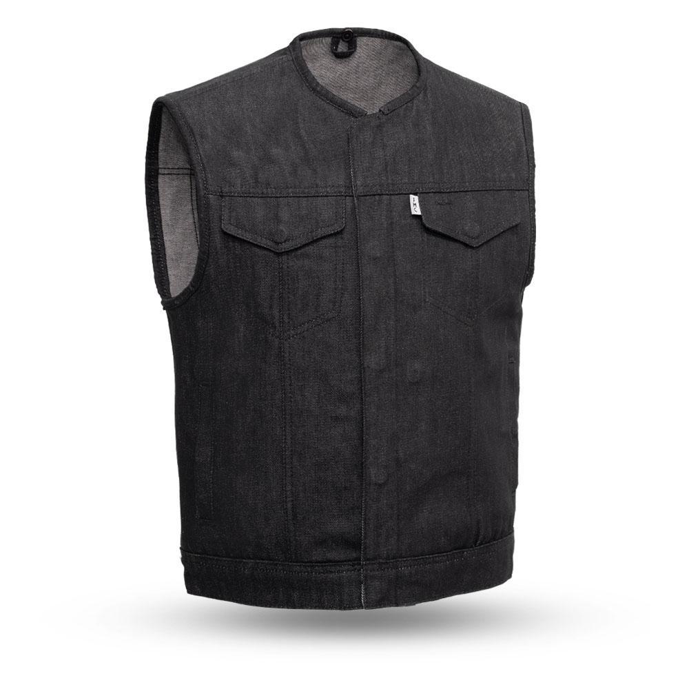 Murdock Men's Motorcycle Denim Vest featuring a cropped zipper design and multiple pockets for storage.