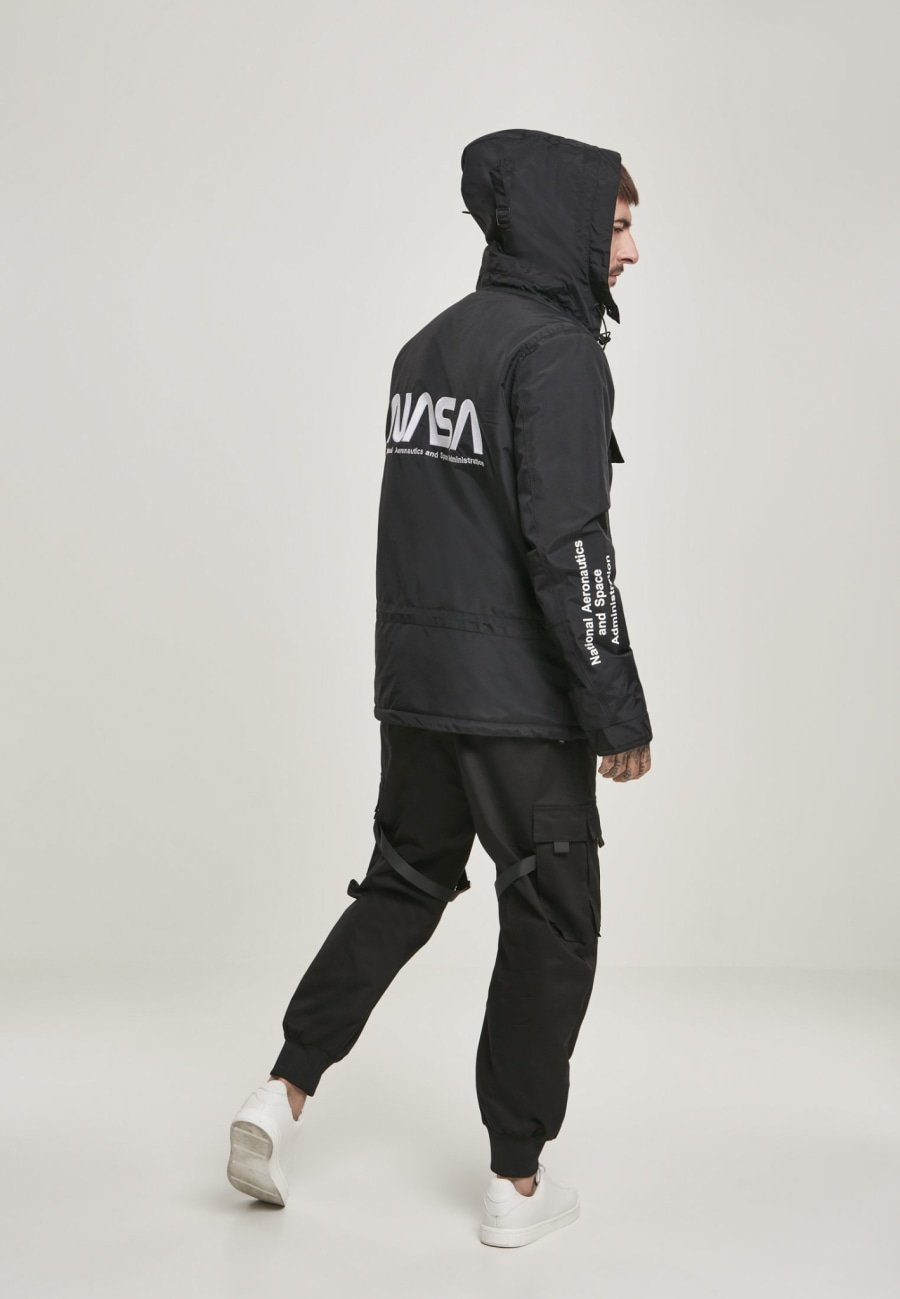 A stylish black windbreaker featuring NASA branding and a USA flag patch, designed with multiple pockets and a unique adjustable hood.