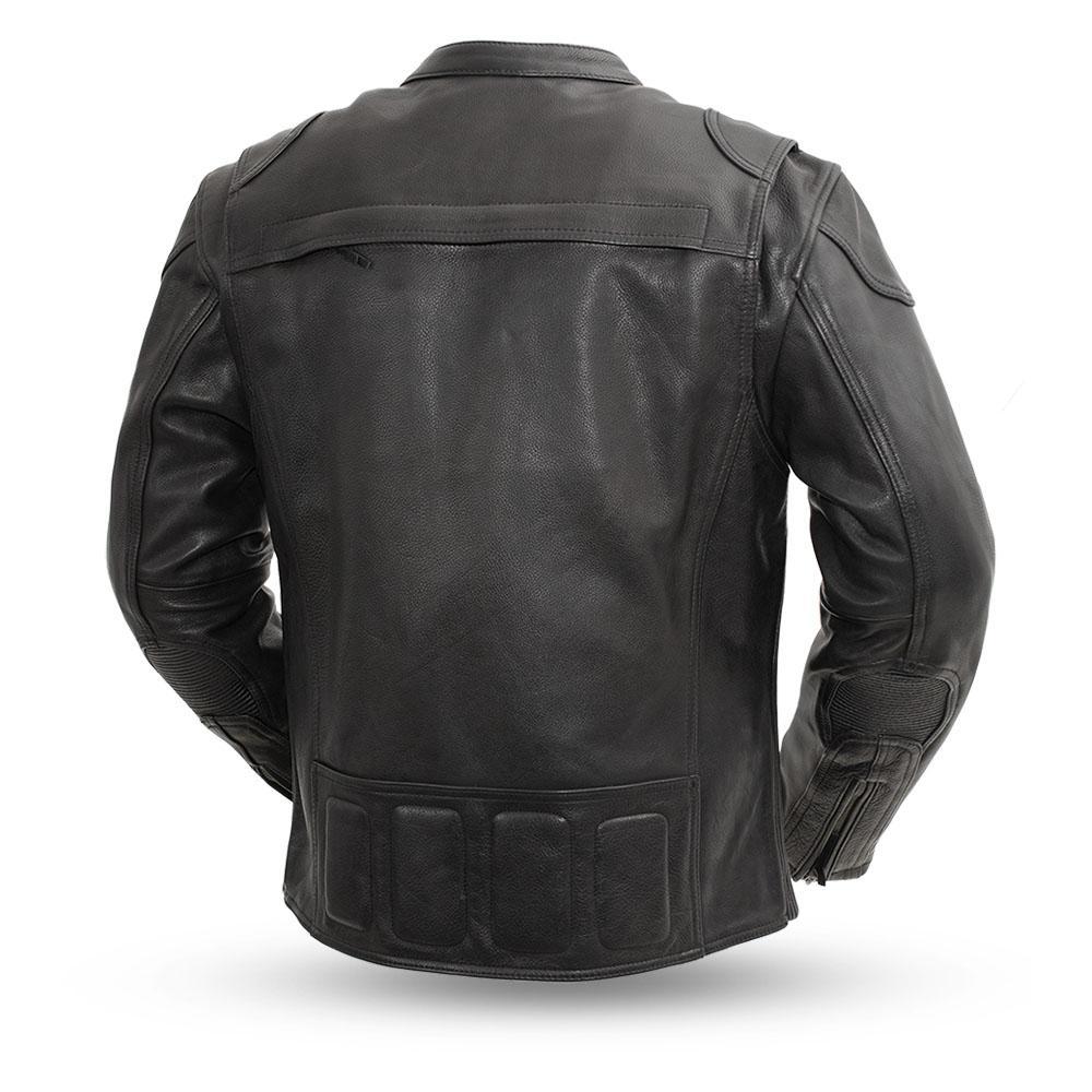 Nemesis Men's Leather Motorcycle Jacket made from premium cowhide, featuring a banded collar, zippered pockets, and padded details.