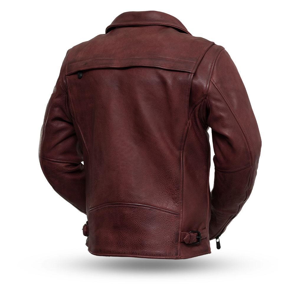 Night Rider Men's Motorcycle Leather Jacket made from premium cowhide leather, featuring asymmetrical zipper, multiple pockets, and adjustable side belts.