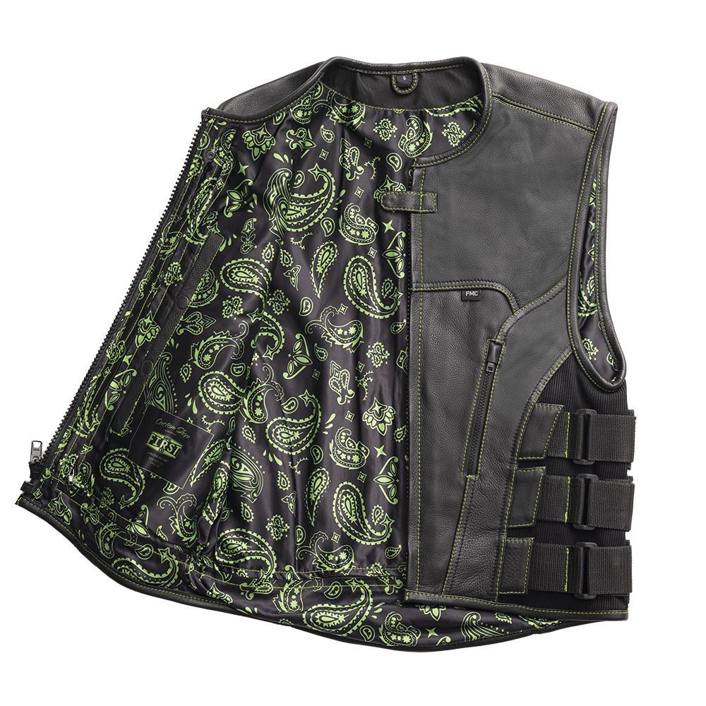 Ninja Men’s Swat Style Leather Vest featuring black background with green paisley, roll-up collar, and adjustable side panels.