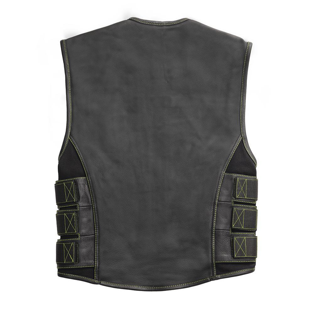 Ninja Men’s Swat Style Leather Vest featuring black background with green paisley, roll-up collar, and adjustable side panels.