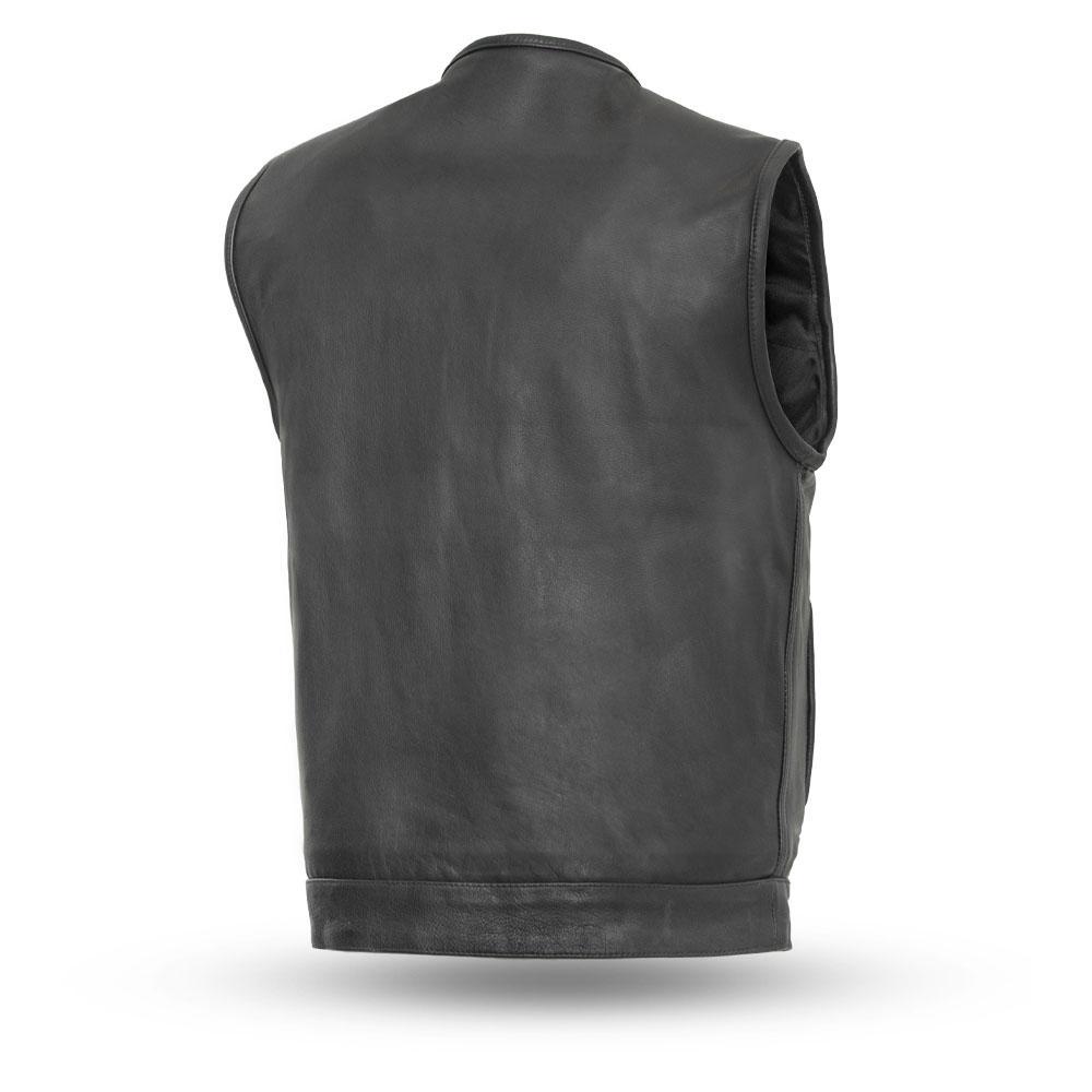 No Rival jacket made from 1.1-1.2mm drum dye naked cowhide, featuring a roll-up collar and multiple pockets.