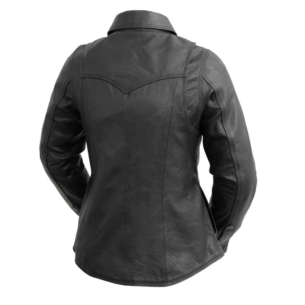 Onyx Women's Leather Motorcycle Shirt made from lightweight cowhide, featuring CE Level 2 armor pockets and stylish western yoke design.