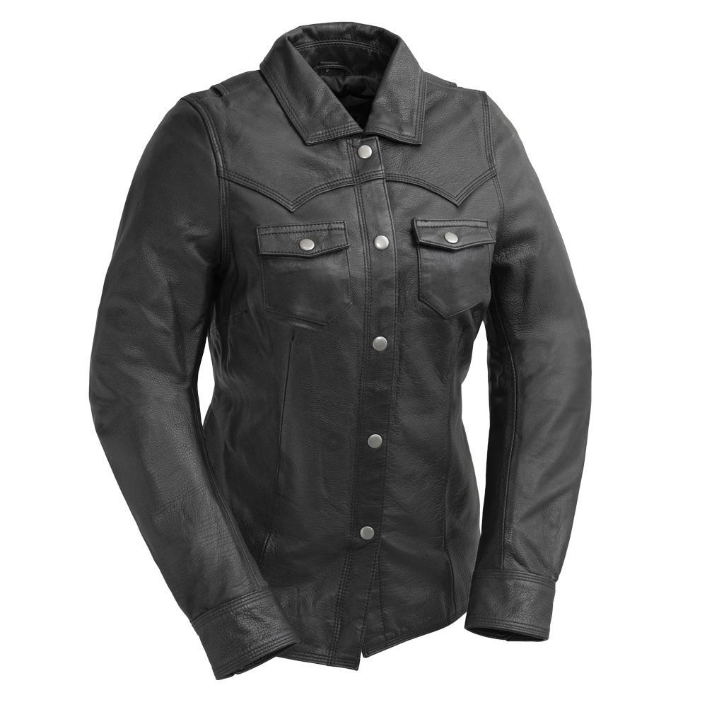 Onyx Women's Leather Motorcycle Shirt made from lightweight cowhide, featuring CE Level 2 armor pockets and stylish western yoke design.