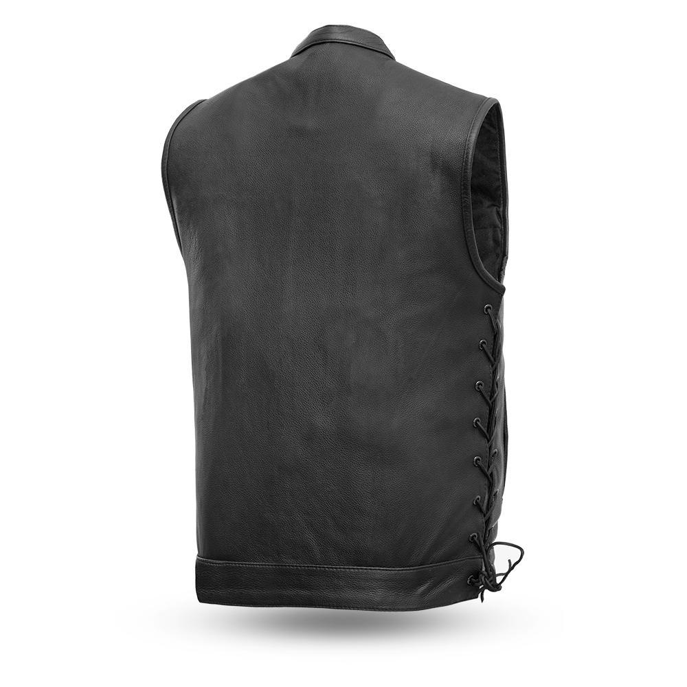 Outfitter Men's Motorcycle Leather Vest made from genuine cowhide leather, featuring a band collar, multiple pockets, and side lacing details.