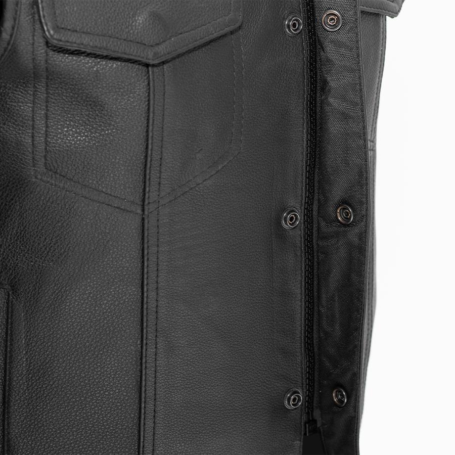 Outfitter Men's Motorcycle Leather Vest made from genuine cowhide leather, featuring a band collar, multiple pockets, and side lacing details.